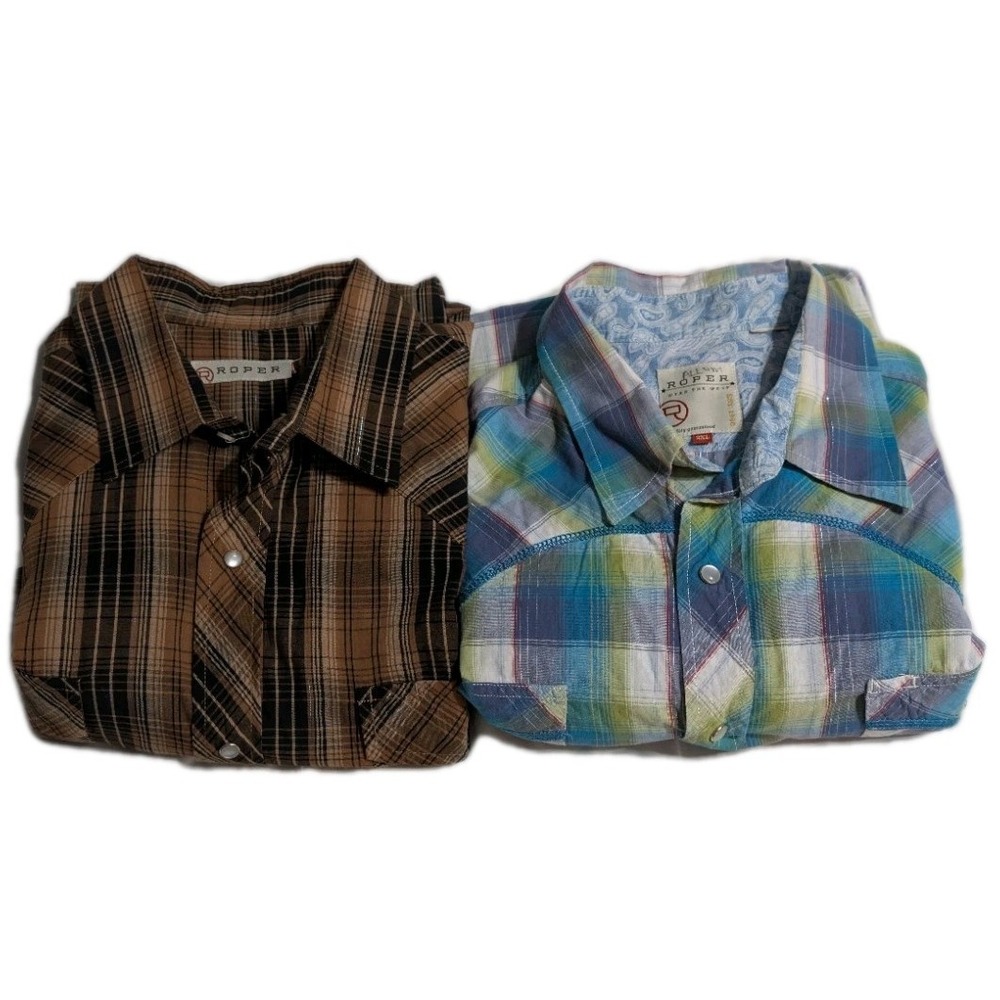 Roper‎ Western Shirt Lot of 2 Mens 2XL Plaid Pearl Snap Long Sleeve